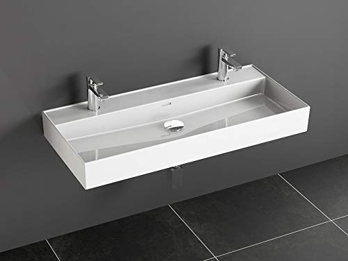 AQUA BAGNO Lavabo doble de diseño en estilo moderno, lavabo de pared, en blanco, lavabo de cerámica, 1004 x 465 x 130 mm