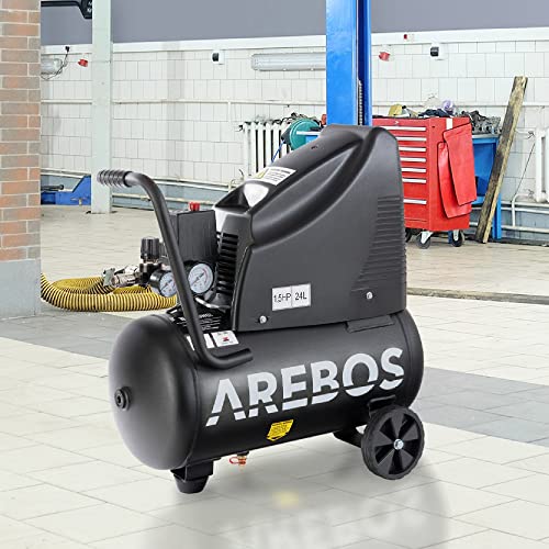 Arebos Compresor de aire sin aceite | 1100 W | 24 L | 8 bar | Incluye juego de herramientas de aire comprimido de 13 piezas | compresor aire silencioso | soporte con tope de goma
