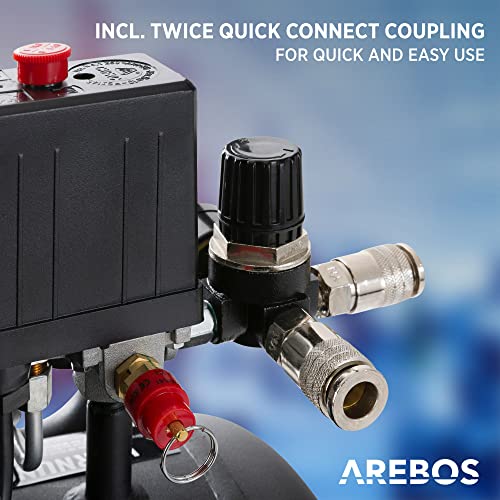 Arebos Compresor de aire sin aceite | 1100 W | 24 L | 8 bar | Incluye juego de herramientas de aire comprimido de 13 piezas | compresor aire silencioso | soporte con tope de goma