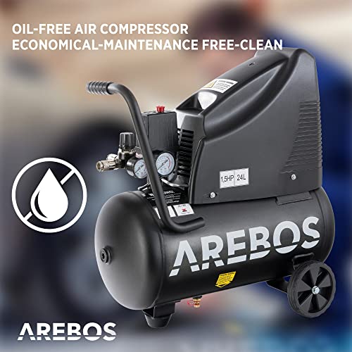 Arebos Compresor de aire sin aceite | 1100 W | 24 L | 8 bar | Incluye juego de herramientas de aire comprimido de 13 piezas | compresor aire silencioso | soporte con tope de goma