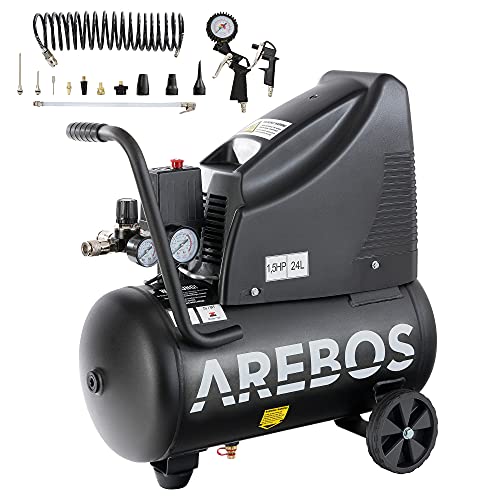 Arebos Compresor de aire sin aceite | 1100 W | 24 L | 8 bar | Incluye juego de herramientas de aire comprimido de 13 piezas | compresor aire silencioso | soporte con tope de goma