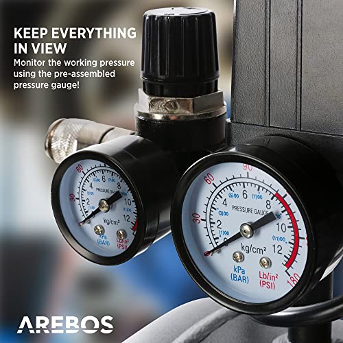 Arebos Compresor de aire sin aceite | 1100 W | 24 L | 8 bar | Incluye juego de herramientas de aire comprimido de 13 piezas | compresor aire silencioso | soporte con tope de goma