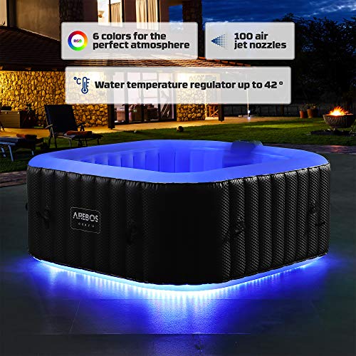Arebos Piscina de hidromasaje con iluminación LED | Jacuzzi | 6 colores | hinchable | cuadrada | para interior y exterior | 4 personas | 130 chorros de masaje | 550 L