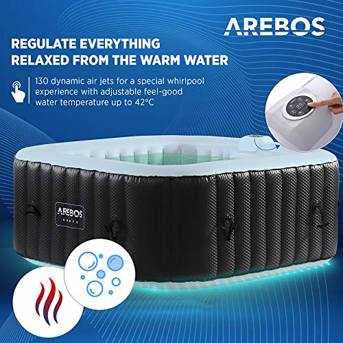 Arebos Piscina de hidromasaje con iluminación LED | Jacuzzi | 6 colores | hinchable | cuadrada | para interior y exterior | 4 personas | 130 chorros de masaje | 550 L