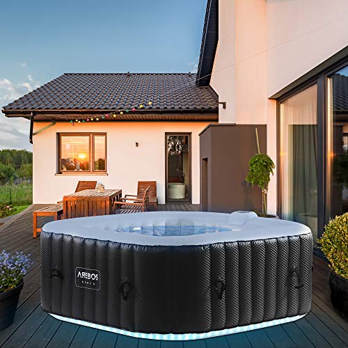 Arebos Piscina de hidromasaje con iluminación LED | Jacuzzi | 6 colores | hinchable | cuadrada | para interior y exterior | 4 personas | 130 chorros de masaje | 550 L