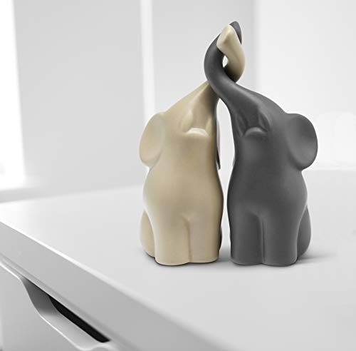 Armoniosa Pareja de Elefantes de cerámica en Beige y Gris - Escultura Moderna de una Pareja de Dos Elefantes - Figura Decorativa de 16 cm de Altura - Elefante
