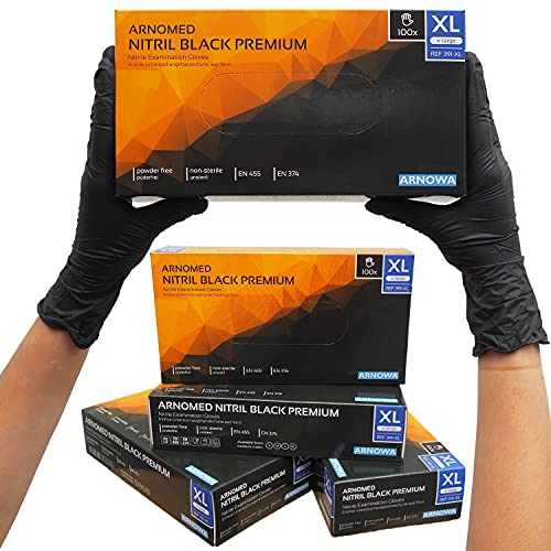 ARNOMED guantes desechables XL, guantes desechables negros, 100 unidades/caja, sin polvo y sin látex, guantes de nitrilo, guantes en tallas S, M, L y XL
