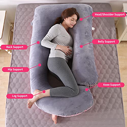 ARNTY Almohada Embarazada u Dormir,Almohada para Embarazadas,Almohada de Maternidad con Funda Extraíble y Lavable para Espalda,Dormir Y Alimentarse (Terciopelo-Rosa&Gris)