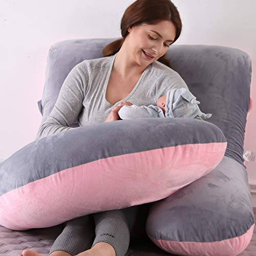 ARNTY Almohada Embarazada u Dormir,Almohada para Embarazadas,Almohada de Maternidad con Funda Extraíble y Lavable para Espalda,Dormir Y Alimentarse (Terciopelo-Rosa&Gris)