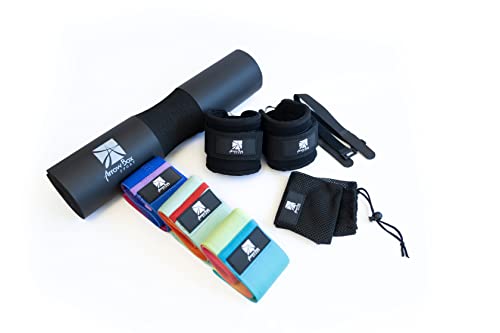 Arrow Box Barbell Pad Set, Kit para Ejercicios de piernas y glúteos. Incluye Protector de Barra, Bandas elásticas de Diferentes resistencias y Tobilleras para polea (Negro)