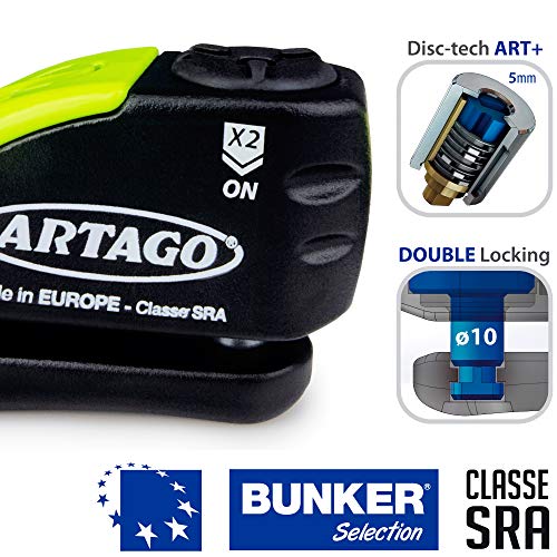 Artago 30X10 Candado Antirrobo Disco con Alarma Don't Touch 120 dB Alta Gama, ø10 Doble Cierre, Homologado Sra, Bunker Selection, Negro/Amarillo, 10 mm