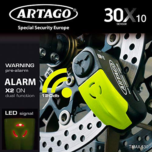 Artago 30X10 Candado Antirrobo Disco con Alarma Don't Touch 120 dB Alta Gama, ø10 Doble Cierre, Homologado Sra, Bunker Selection, Negro/Amarillo, 10 mm