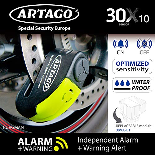 Artago 30X10 Candado Antirrobo Disco con Alarma Don't Touch 120 dB Alta Gama, ø10 Doble Cierre, Homologado Sra, Bunker Selection, Negro/Amarillo, 10 mm