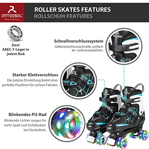 arteesol Patines de ruedas para niña ajustables para niños, patines para hombre con luces LED, ruedas ajustables, patines de cuatro ruedas, cómodos y transpirables, unisex, 4 tallas para niños y niños
