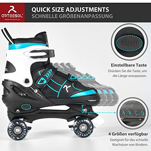 arteesol Patines de ruedas para niña ajustables para niños, patines para hombre con luces LED, ruedas ajustables, patines de cuatro ruedas, cómodos y transpirables, unisex, 4 tallas para niños y niños
