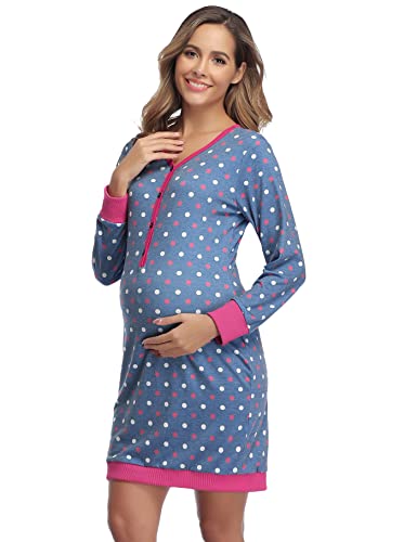 Aseniza Camisón Lactancia Algodón Camisón Premamá Invierno de Manga Larga Pijamas Embarazadas Vestido de Maternidad para Mujer (Azul,S)