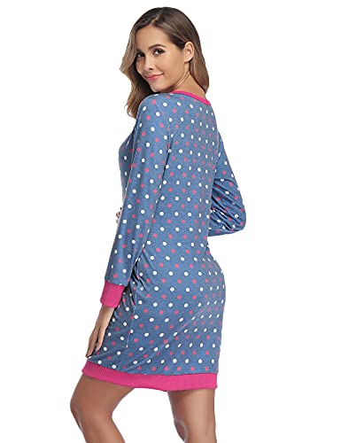 Aseniza Camisón Lactancia Algodón Camisón Premamá Invierno de Manga Larga Pijamas Embarazadas Vestido de Maternidad para Mujer (Azul,S)