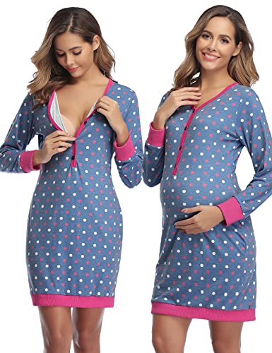 Aseniza Camisón Lactancia Algodón Camisón Premamá Invierno de Manga Larga Pijamas Embarazadas Vestido de Maternidad para Mujer (Azul,S)
