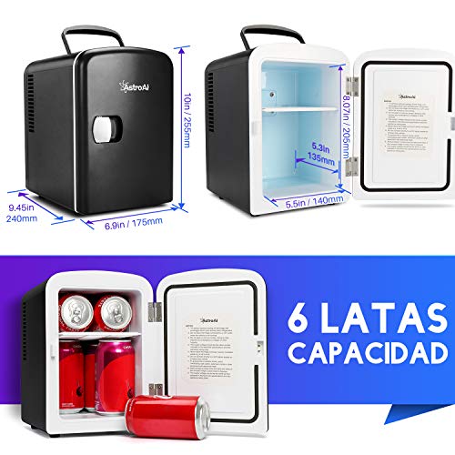 AstroAI Mini Refrigerador, Mini Nevera Portátil para el Skincare 4L 6 Latas de Refrescos, Mini Neveras 220V/12V para Enfriar y Calentar (Negro)