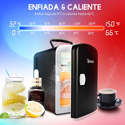 AstroAI Mini Refrigerador, Mini Nevera Portátil para el Skincare 4L 6 Latas de Refrescos, Mini Neveras 220V/12V para Enfriar y Calentar (Negro)