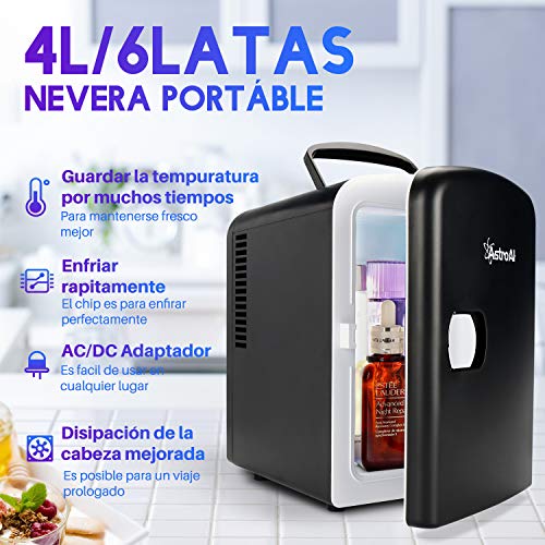 AstroAI Mini Refrigerador, Mini Nevera Portátil para el Skincare 4L 6 Latas de Refrescos, Mini Neveras 220V/12V para Enfriar y Calentar (Negro)