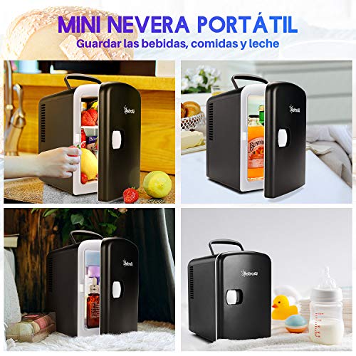 AstroAI Mini Refrigerador, Mini Nevera Portátil para el Skincare 4L 6 Latas de Refrescos, Mini Neveras 220V/12V para Enfriar y Calentar (Negro)
