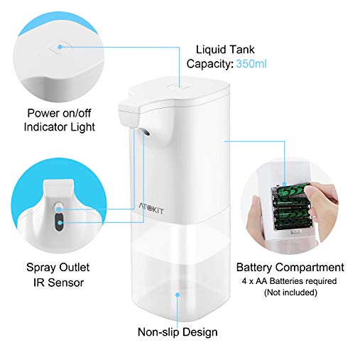 ATOKIT Dispensador Automático de Jabón, Dispensador automático de alcohol, 350ML Dispensador de jabón, IPX3 a prueba de agua para cocina, oficina, baño, inodoro