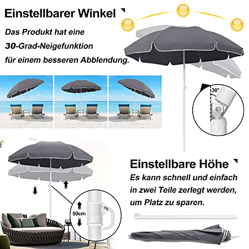 Aufun Parasol Beach Ø 200 cm Sombrilla Plegable de poliéster UV50 + protección Solar sombrilla de jardín sombrilla de Playa, Ajustable en Altura 135-208 cm, Gris Oscuro Redondo