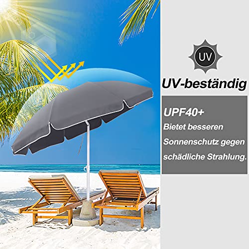 Aufun Parasol Beach Ø 200 cm Sombrilla Plegable de poliéster UV50 + protección Solar sombrilla de jardín sombrilla de Playa, Ajustable en Altura 135-208 cm, Gris Oscuro Redondo