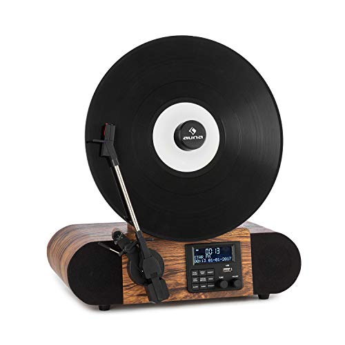 auna Verticalo SE - Reproductor de Vinilo, Tocadiscos con Altavoces estéreo, Tocadiscos de Vinilo con Bluetooth, Reproducción: 33, 45 y 78 RPM, USB, MP3, Entrada de línea, Sintonizador Dab+, Madera