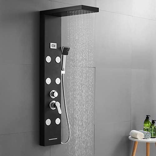 Auralum - Columna de Hidromasaje Ducha Negro 4 Función con Pantalla LCD Columna Ducha Acero Inoxidable para Baño con 6 Boquillas de Masaje