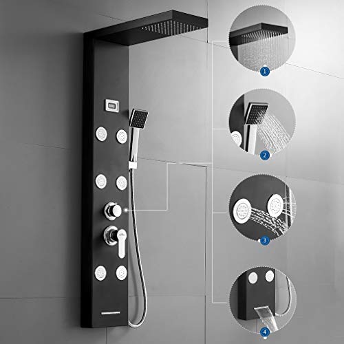 Auralum - Columna de Hidromasaje Ducha Negro 4 Función con Pantalla LCD Columna Ducha Acero Inoxidable para Baño con 6 Boquillas de Masaje