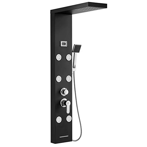 Auralum - Columna de Hidromasaje Ducha Negro 4 Función con Pantalla LCD Columna Ducha Acero Inoxidable para Baño con 6 Boquillas de Masaje