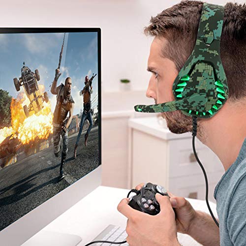 Auriculares para Juegos para Ps5 Xbox One Pc Auriculares con MicróFono Luz Led con CancelacióN De Ruido sobre El OíDo Compatible con Switch Games Laptop Mac Ps4 (Camuflaje Verde)