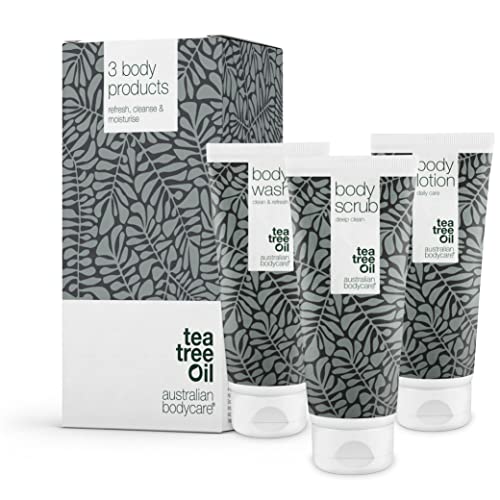 Australian Bodycare I Set de 3 Productos Corporales para Manchas y Puntos Negros en la Espalda y Glúteos I Kit Tea Tree Oil para Acné I Específicamente adecuado para prevenir problemas de la piel