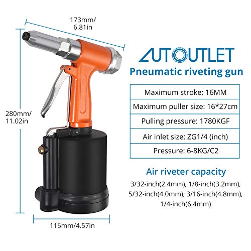 AUTOUTLET Remachadora Neumática, Pistola de Remaches Neumática Hidráulica, 3/32", 1/8", 5/32", 3/16" y 1/4", con 500PCS Remaches, para Fabricación de Automóviles, Maquinaria, Eléctrica, ect.