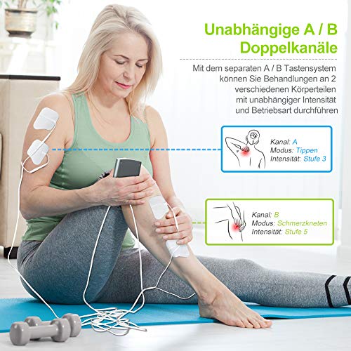 AUVON TENS EMS Electroestimulador Digital, de doble canal para aliviar el dolor, electroestimulador TENS de unidad con 20 modos, 10 piezas de electrodos premium de 2"x 2" con diseño patentado