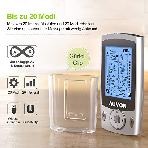 AUVON TENS EMS Electroestimulador Digital, de doble canal para aliviar el dolor, electroestimulador TENS de unidad con 20 modos, 10 piezas de electrodos premium de 2"x 2" con diseño patentado