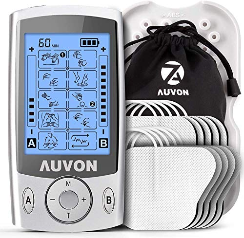 AUVON TENS EMS Electroestimulador Digital, de doble canal para aliviar el dolor, electroestimulador TENS de unidad con 20 modos, 10 piezas de electrodos premium de 2"x 2" con diseño patentado