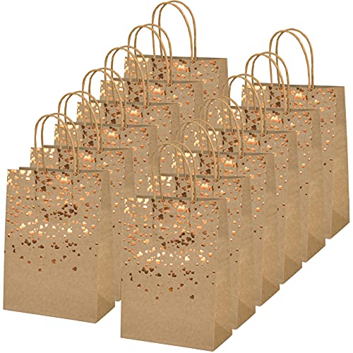AvoDovA 12 Piezas Bolsa de Papel Kraft, Bolsas de Papel con Asas, Bolsa de Regalo, Bolsa Papel para Fiesta, Moda Bolsa de papel para Compras, Bolso Kraft de Decor Corazón para Boda Cumpleaños Fiestas