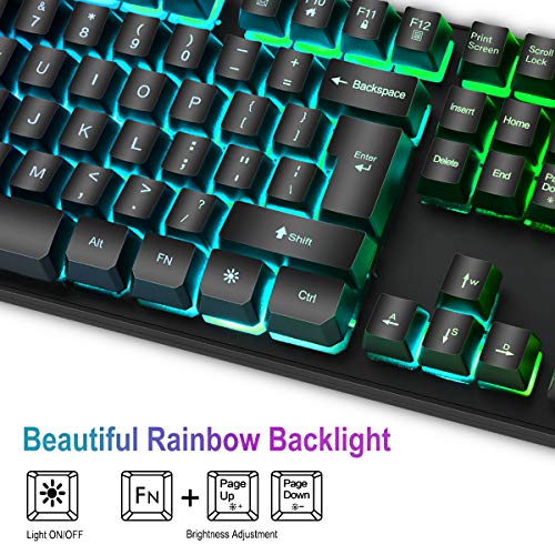 BAKTH Packs de Teclado y Ratón para Juegos, Color del Arco Iris Retroiluminada USB LED del Gaming Teclado y 7 Colores Ratón con Cable para Gamers PC o Trabajo, Mecánico Similar Teclado