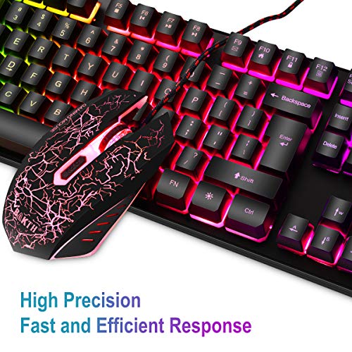 BAKTH Packs de Teclado y Ratón para Juegos, Color del Arco Iris Retroiluminada USB LED del Gaming Teclado y 7 Colores Ratón con Cable para Gamers PC o Trabajo, Mecánico Similar Teclado