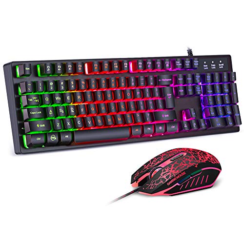 BAKTH Packs de Teclado y Ratón para Juegos, Color del Arco Iris Retroiluminada USB LED del Gaming Teclado y 7 Colores Ratón con Cable para Gamers PC o Trabajo, Mecánico Similar Teclado