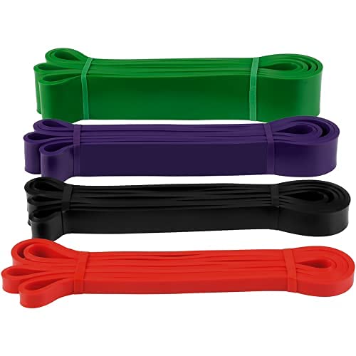 Bandas Elásticas Fitness, Set de 4 Bandas de Resistencia Fitness y Musculación, Cintas Elásticas de Látex Natural para Yoga, Crossfit, Pilates Fuerza, con Bolsa de Transporte y Guía de Entrenamiento