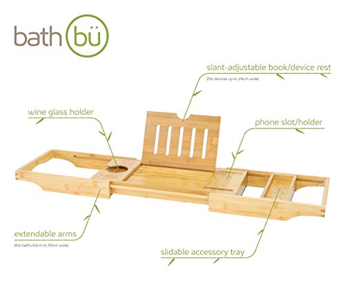 Bandeja de baño de Lujo 100% bambú | Brazos Extensibles, Soporte para Libro/Tableta, Soporte para Copa de Vino, Bandeja para Accesorios, Soporte para teléfono y Bandeja Deslizante | Compacto