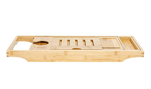 Bandeja de baño de Lujo 100% bambú | Brazos Extensibles, Soporte para Libro/Tableta, Soporte para Copa de Vino, Bandeja para Accesorios, Soporte para teléfono y Bandeja Deslizante | Compacto