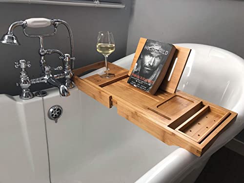 Bandeja de baño de Lujo 100% bambú | Brazos Extensibles, Soporte para Libro/Tableta, Soporte para Copa de Vino, Bandeja para Accesorios, Soporte para teléfono y Bandeja Deslizante | Compacto
