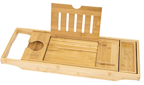Bandeja de baño de Lujo 100% bambú | Brazos Extensibles, Soporte para Libro/Tableta, Soporte para Copa de Vino, Bandeja para Accesorios, Soporte para teléfono y Bandeja Deslizante | Compacto