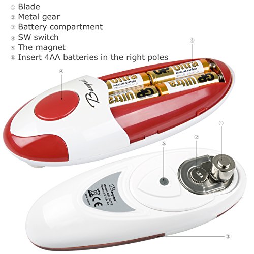Bangrui Abrelatas eléctrico, abrelatas para restaurantes, abrelatas de Cocina, los Bordes Son ordenados y Lisos, Interruptor táctil, abrelatas automático, Mejor opción de los Cocineros! (Rojo)