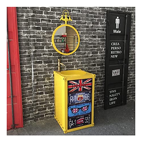 Barra Retro Lavabo Con Pie Estilo Industrial, Restaurante Arte Creativo Lavamanos Baño, Fregadero De Pedestal Personalidad Con Grifo Y Drenaje Combo 45(Size:Fregadero Pedestal + Espejo,Color:Amarillo)